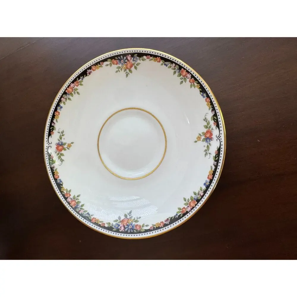 Wedgwood Osborne R4699 Bone China Saucer England Black Floral Gold Trim Vintage